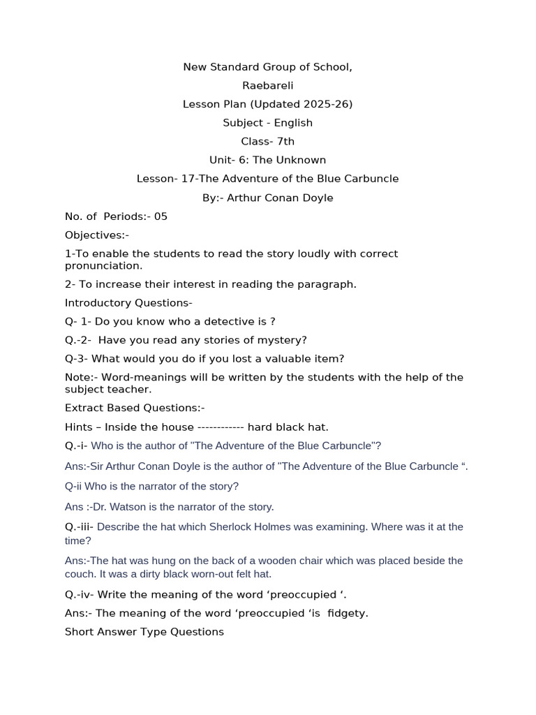 Updated Lesson Plan 2025-26 Class 7 Lesson 17 | PDF | Fictional Private ...