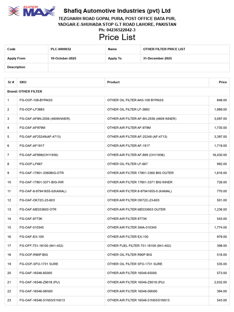 Other Filter Price List 2025 | PDF | Laboratory Equipment | Pollution