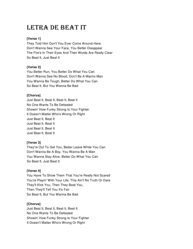 Beat It Lyrics by Michael Jackson | PDF | Leisure
