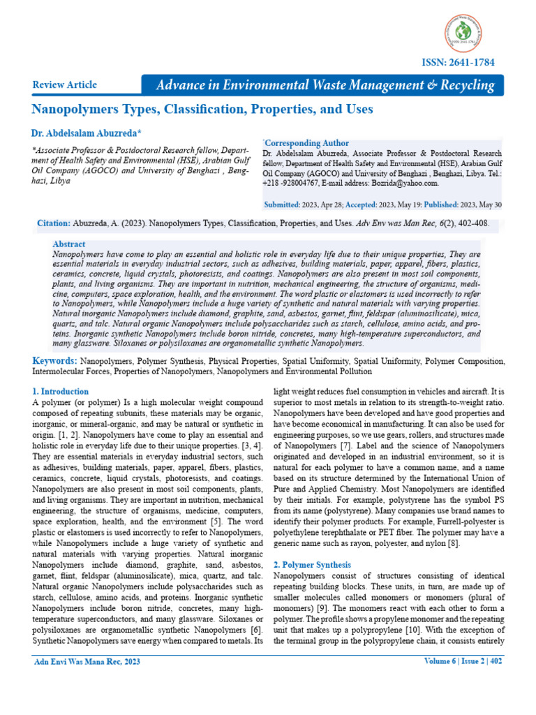 Types and Uses of Nanopolymers | PDF | Polymers | Intermolecular Force