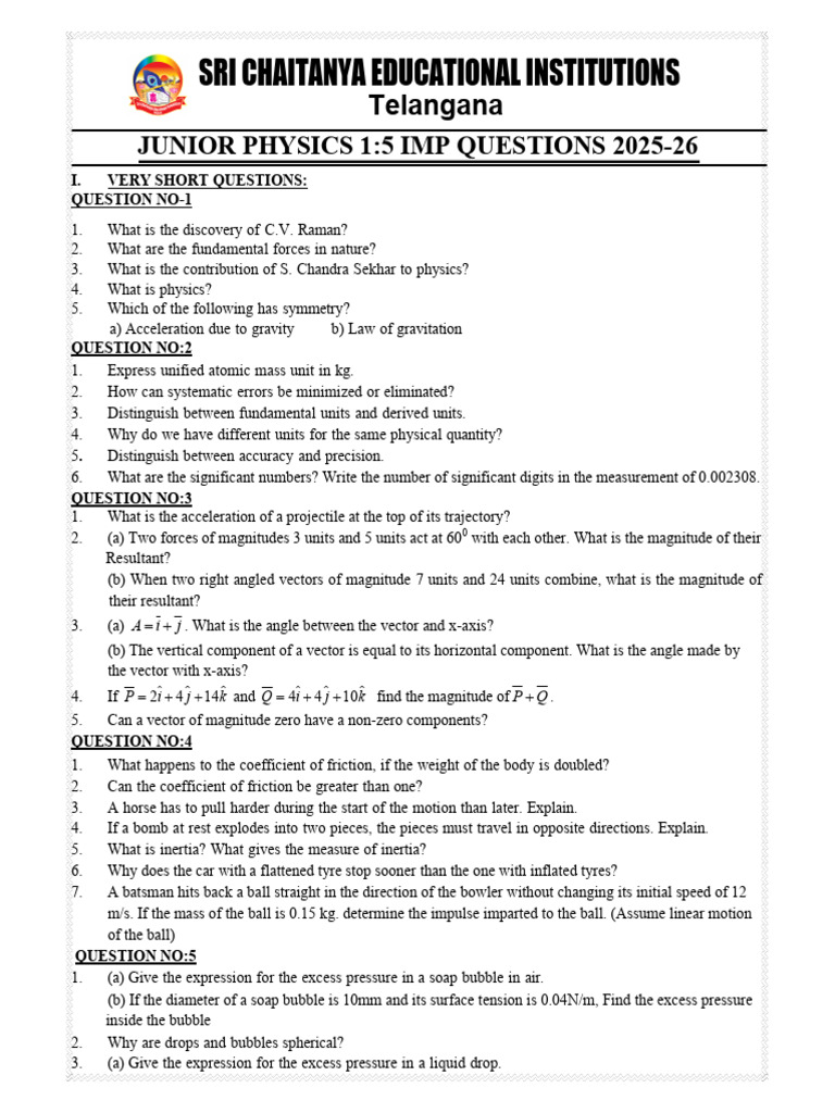 Junior Physics 2025-26: Key Imp Questions | PDF | Torque | Force