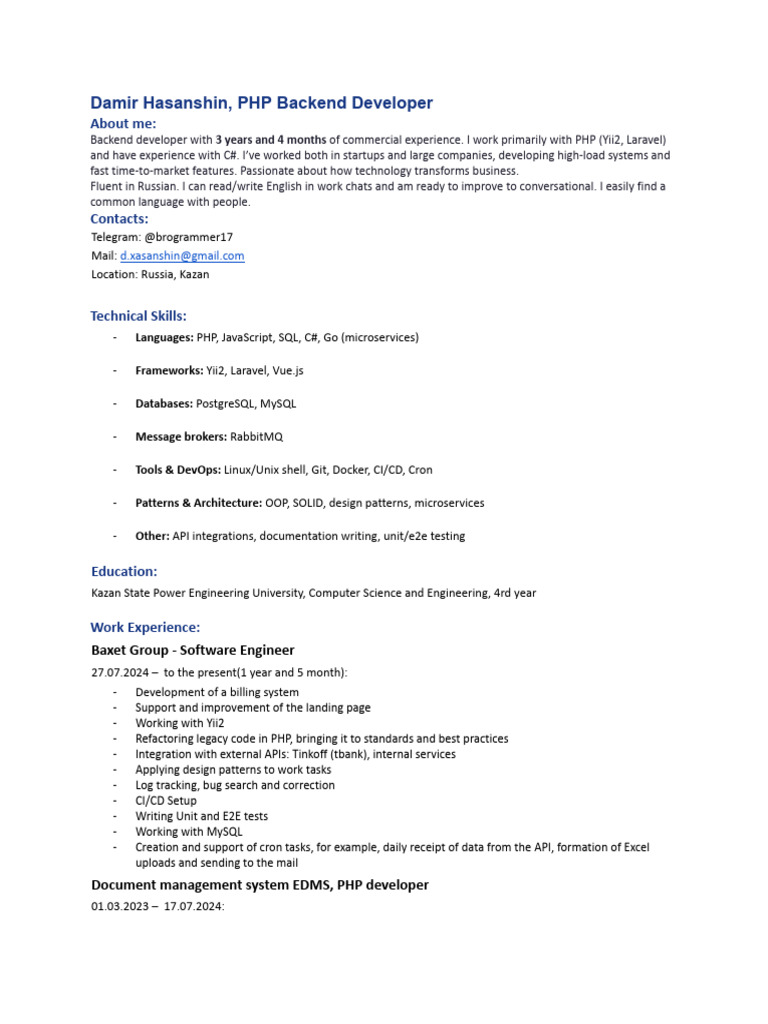Damir Hasanshin PHP Backend Developer | PDF | Php | Databases