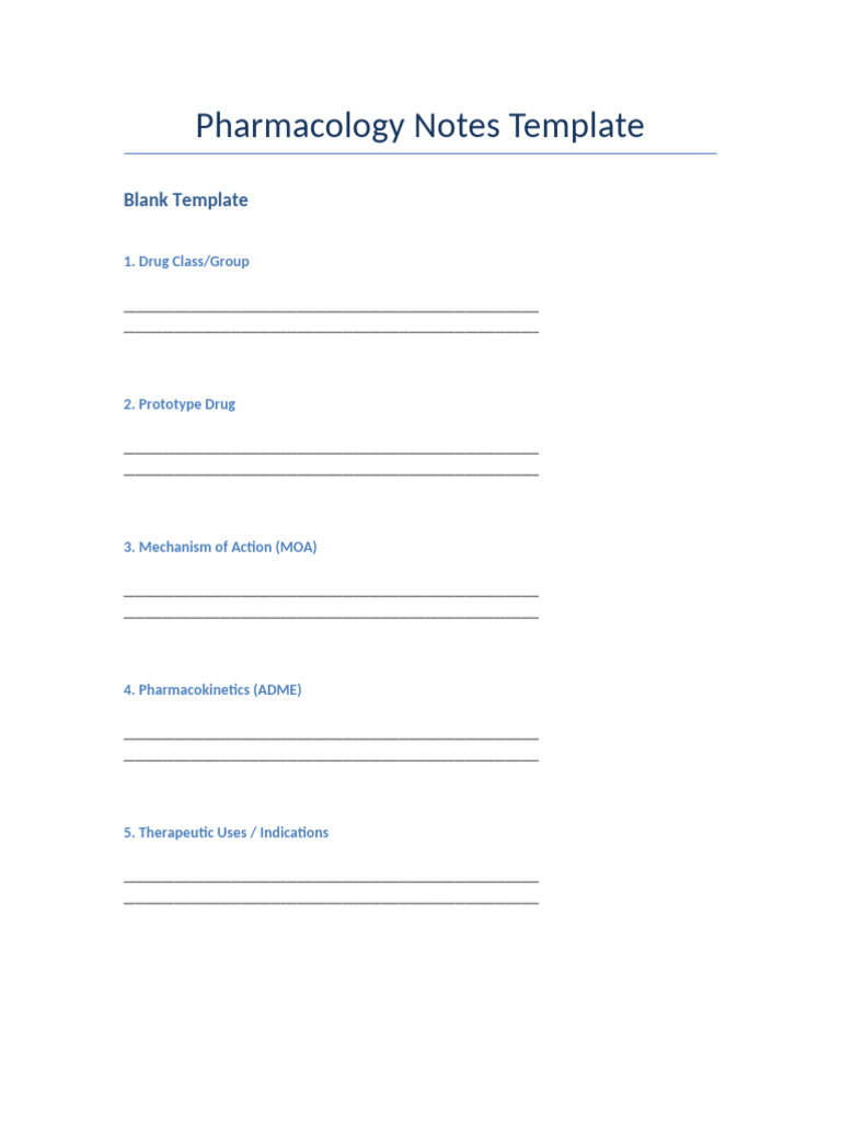 Pharmacology Notes Template Guide | PDF | Drugs | Pharmacology