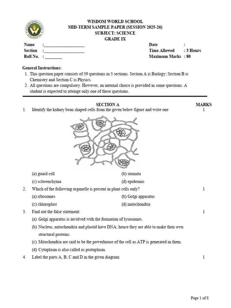 Grade IX Science Mid-Term Sample Paper | PDF | Force | Acceleration