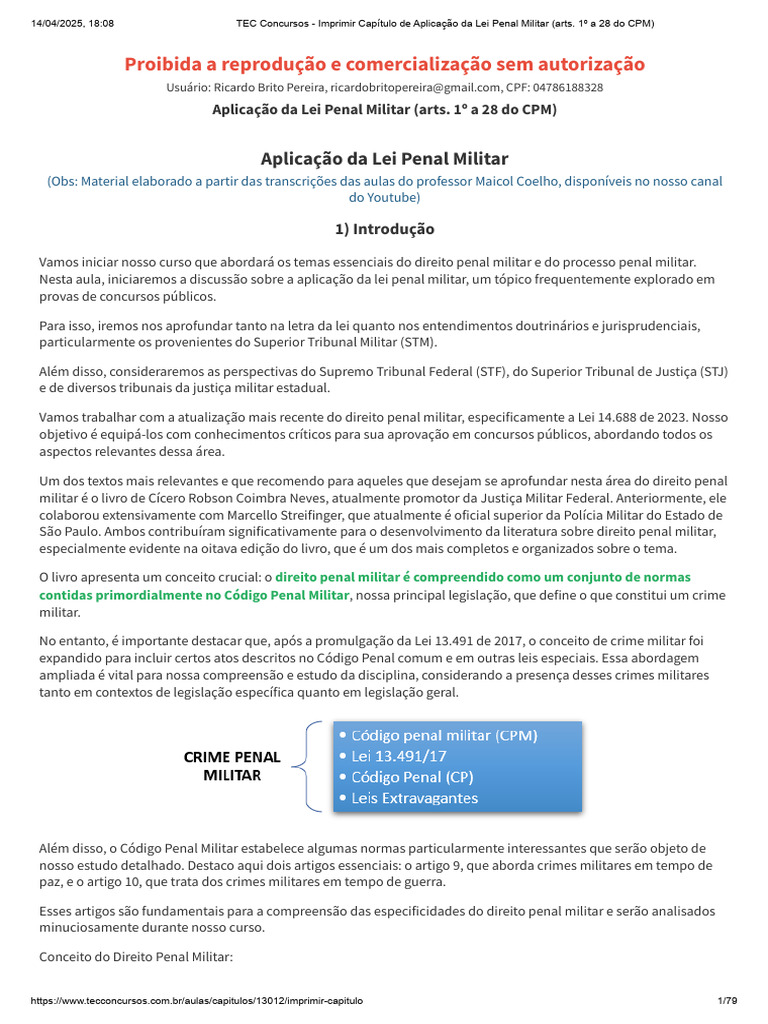 Aplicação da Lei Penal Militar no Brasil | PDF | Crime e Violência | Crimes