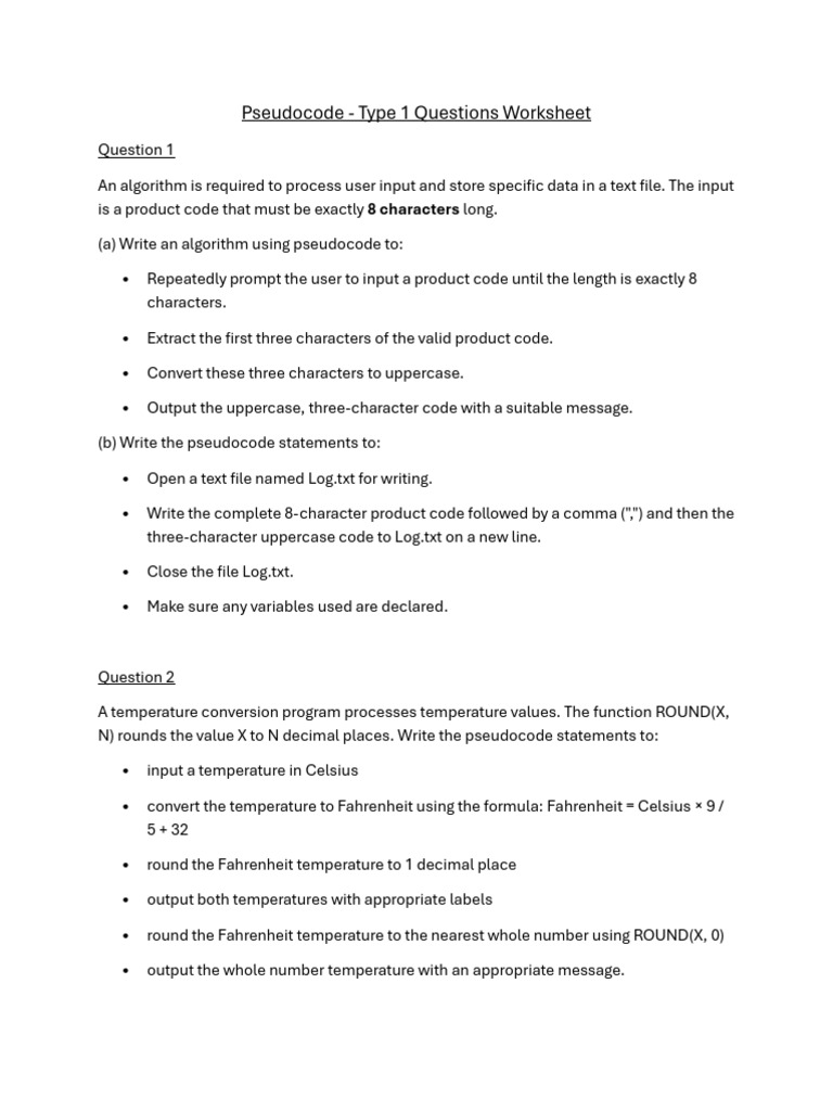 Pseudocode - Type 1 Questions Worksheet | PDF | String (Computer ...