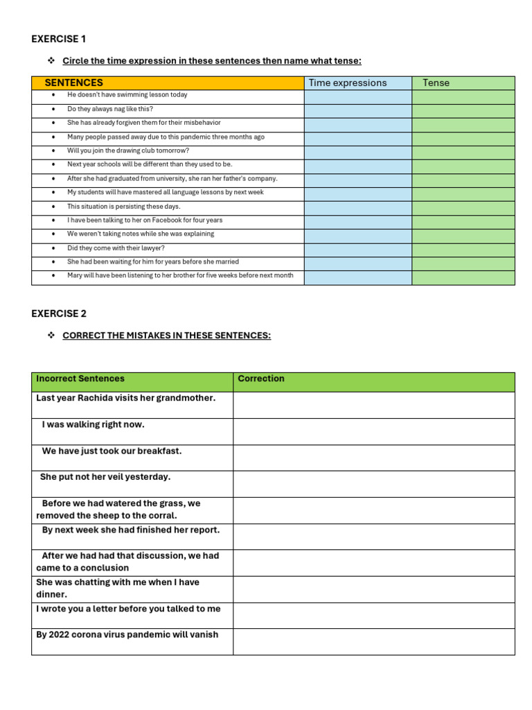 Tense Identification and Correction Exercises | PDF
