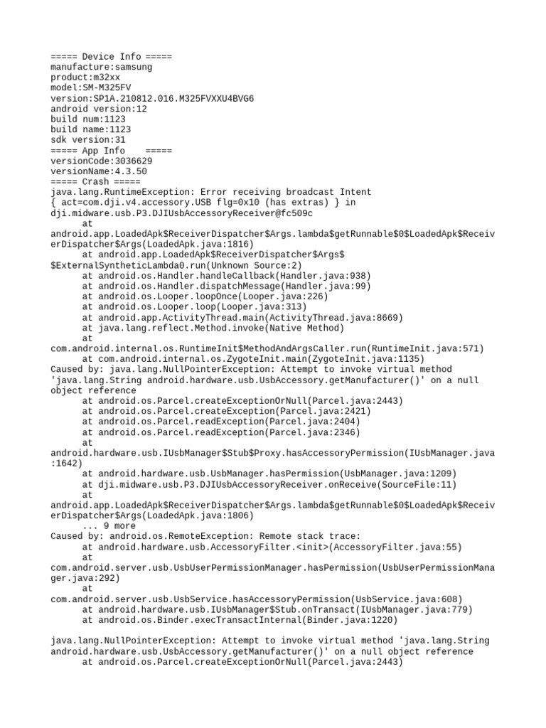 DJI App Crash Report on Samsung M32xx | PDF | Java (Programming ...