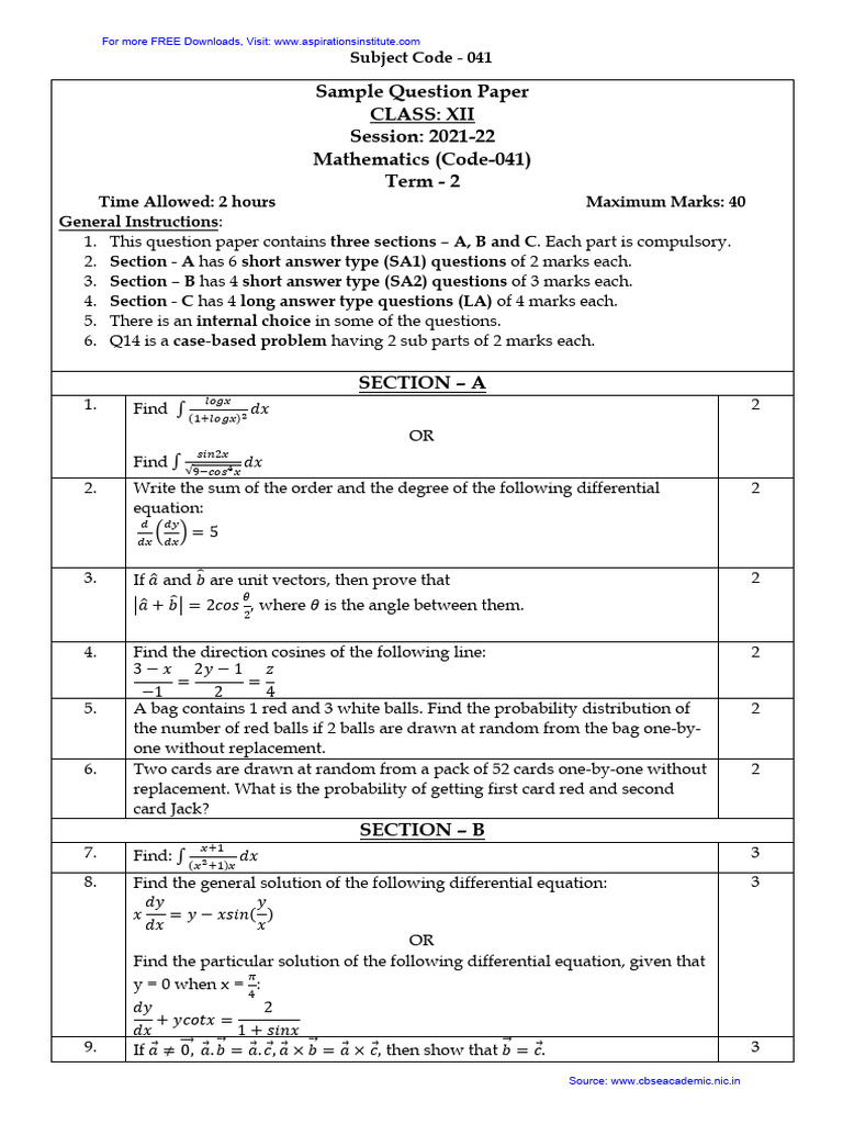 Class 12 Mathematics Sample Paper 041 | PDF | Cartesian Coordinate ...