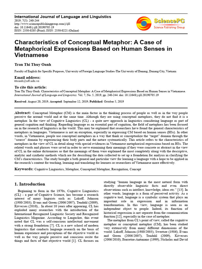 Vietnamese Conceptual Metaphors in Cognition | PDF | Metaphor | Concept