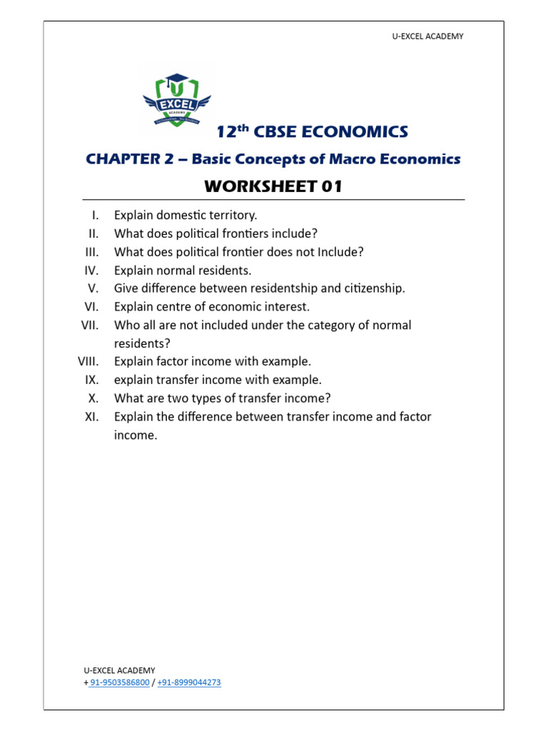 12th CBSE Economics Macro Concepts Worksheet | PDF