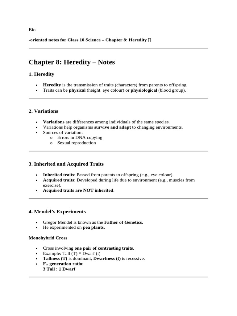 Class 10 Science Heredity Notes | PDF | Cellular Respiration | Blood