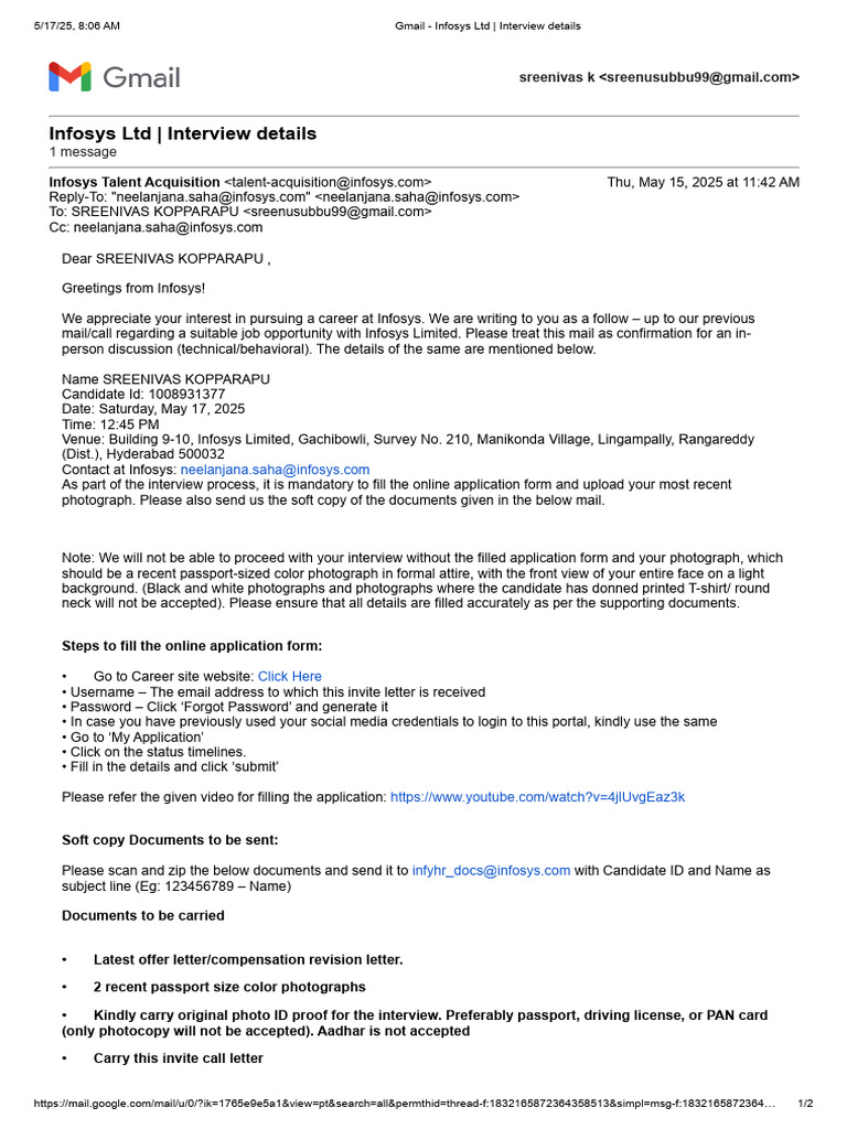 Infosys Interview Confirmation Details | PDF
