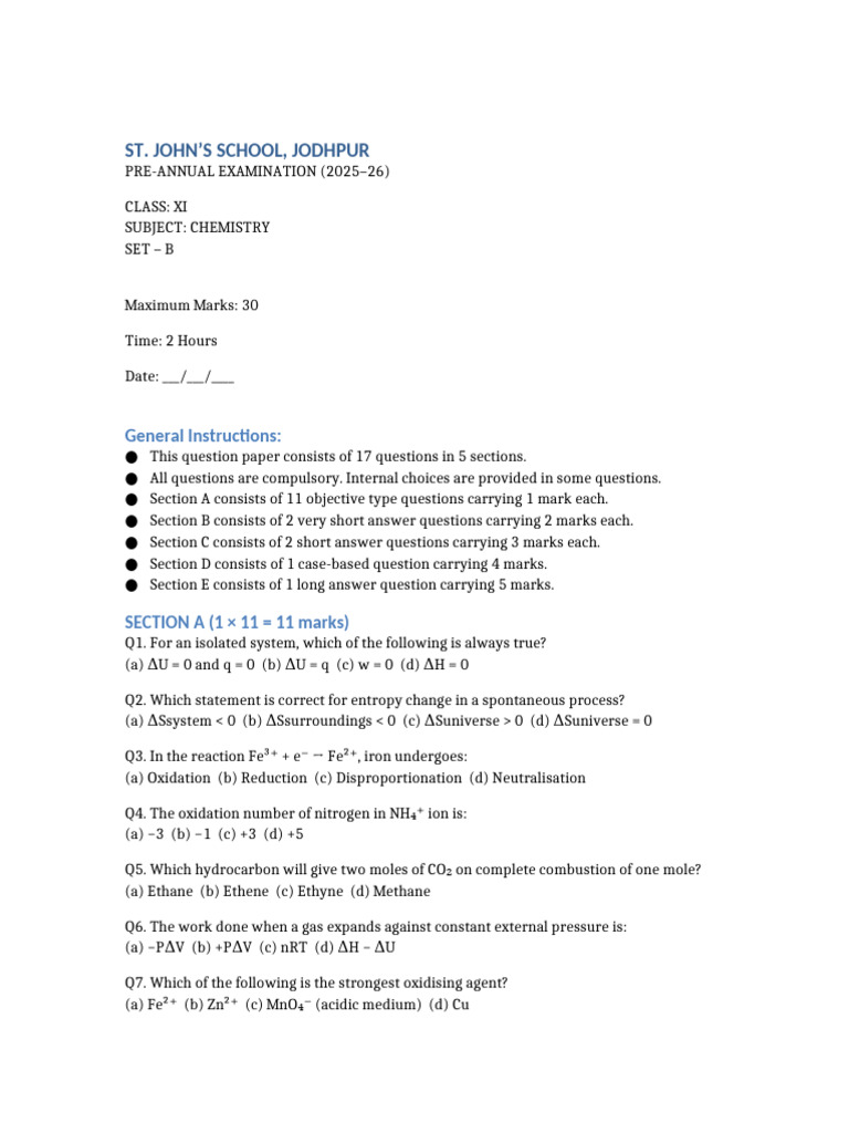 Class XI Chemistry Pre Annual SET B | PDF | Chemical Reactions | Redox