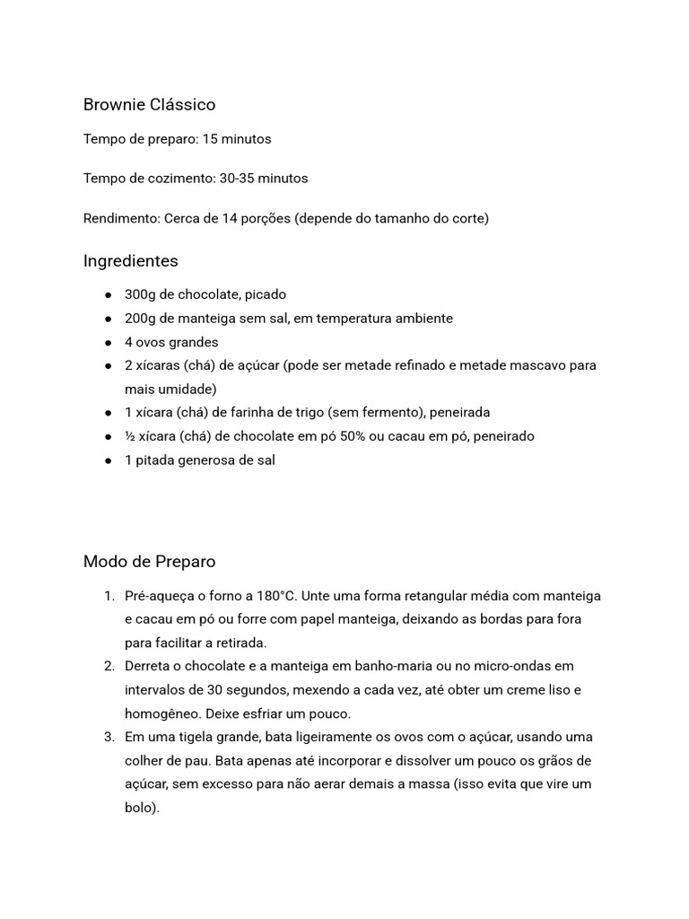 Receita de Brownie Clássico Fácil | PDF