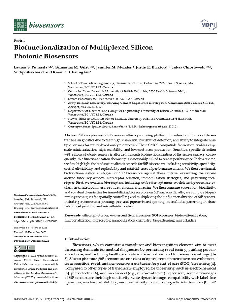 Biofunctionalization of Multiplexed Silicon Photonic Biosensors | PDF ...