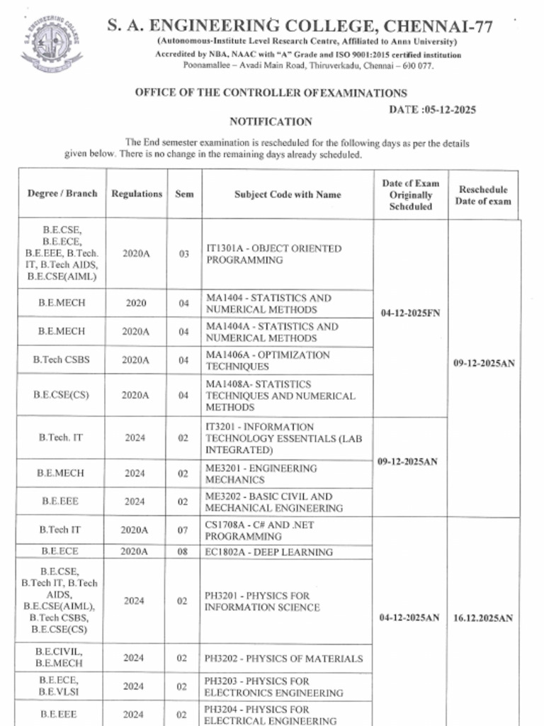 Rehedule Time Table Nov Dec 25 | PDF