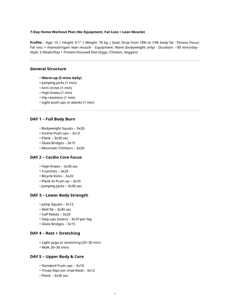 7 Day Home Workout Plan | PDF