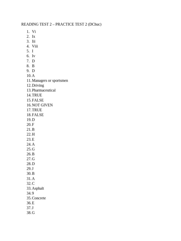 Reading Test 2 Practice Answers | PDF