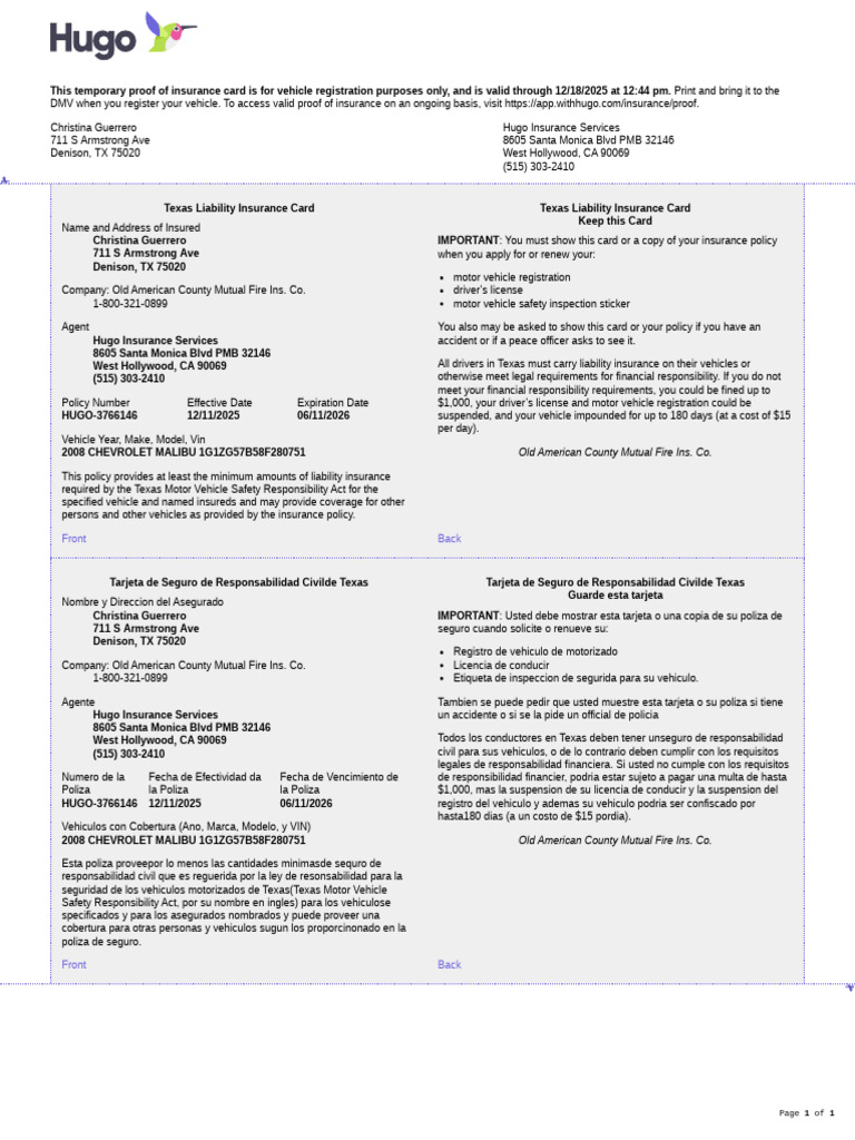 Texas Temporary Insurance Card | PDF | Insurance | Department Of Motor ...