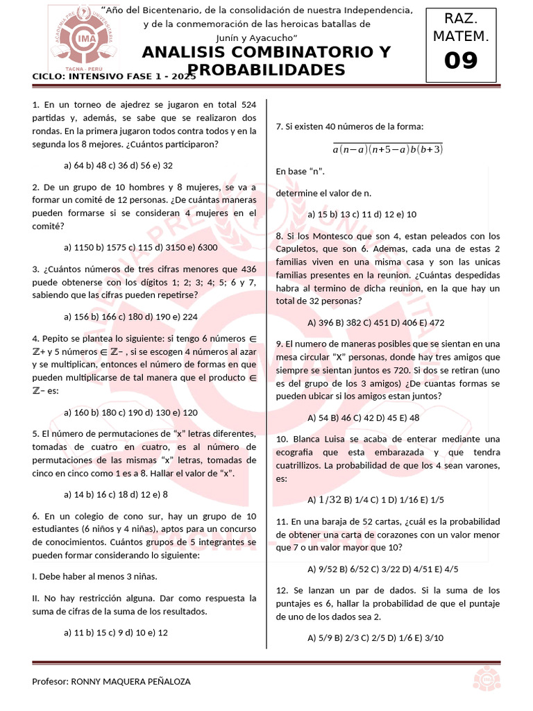 Análisis Combinatorio y Probabilidades | PDF | Números | Probabilidad