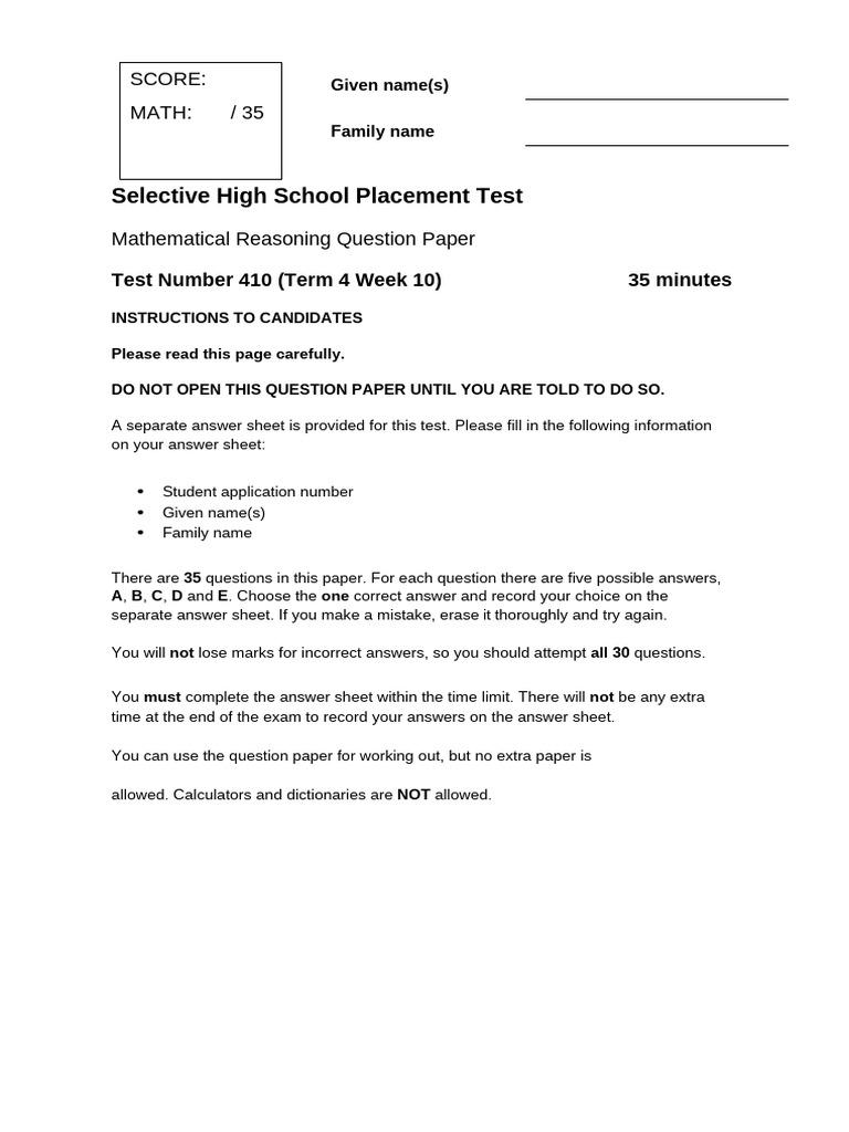 Selective High School Math Test Paper | PDF | Area