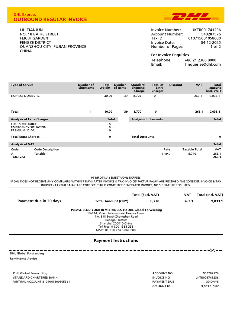 DHL Express Invoice Summary 540287576 | PDF | Value Added Tax | Invoice