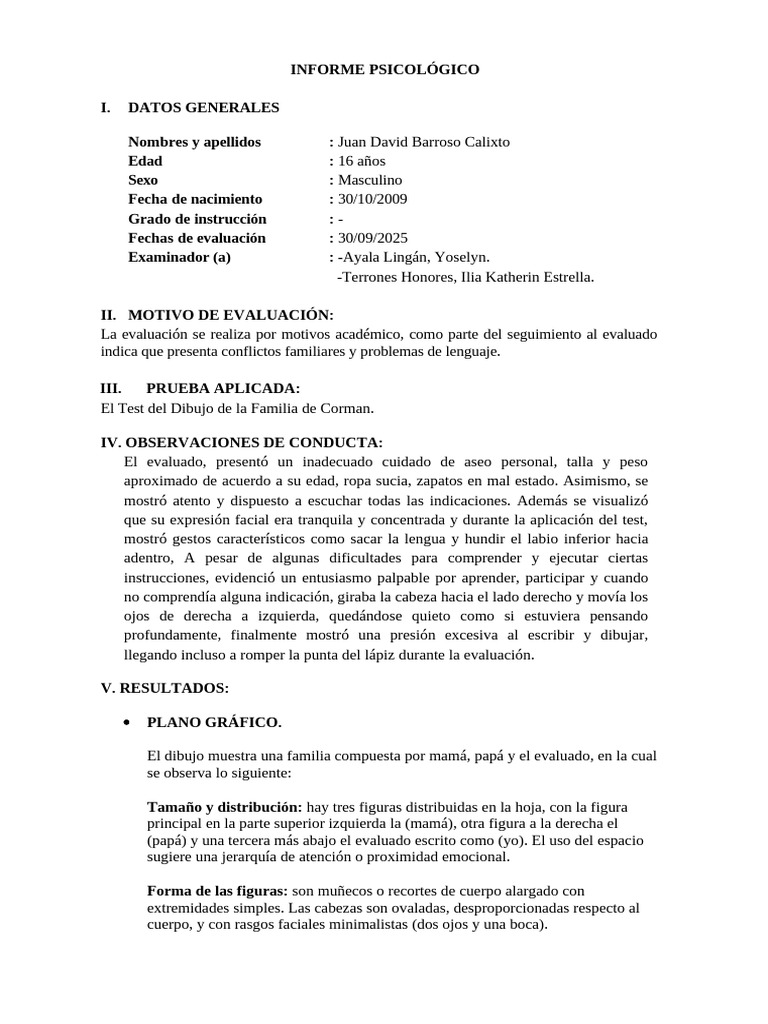 Informe Psicológico de Juan David Barroso | PDF | Las emociones | Dibujo