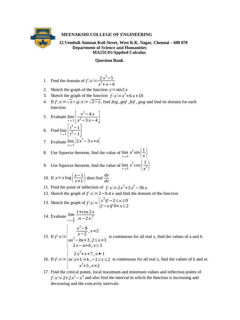 Applied Calculus Question Bank | PDF | Mathematical Analysis | Mathematics