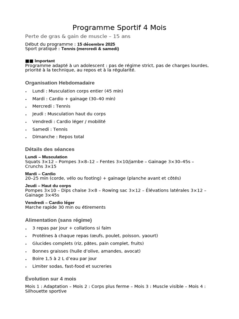 Programme Sportif 4 Mois pour Ados | PDF