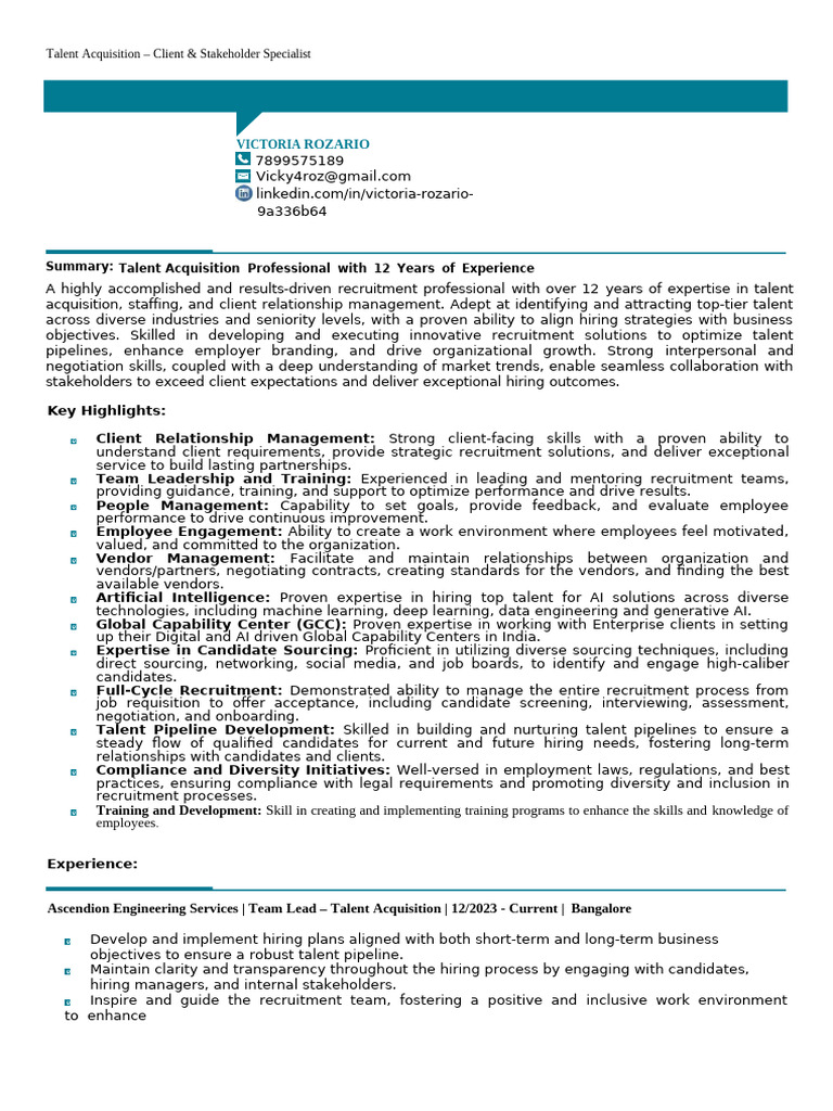 Victoria Rozario - Talent Acquisition | PDF | Recruitment | Business