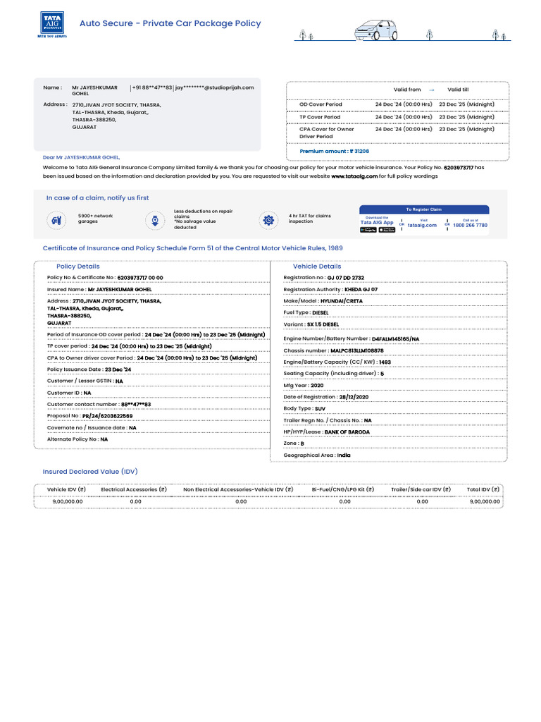 CarPolicy30102025_102544 | PDF | Insurance | Deductible