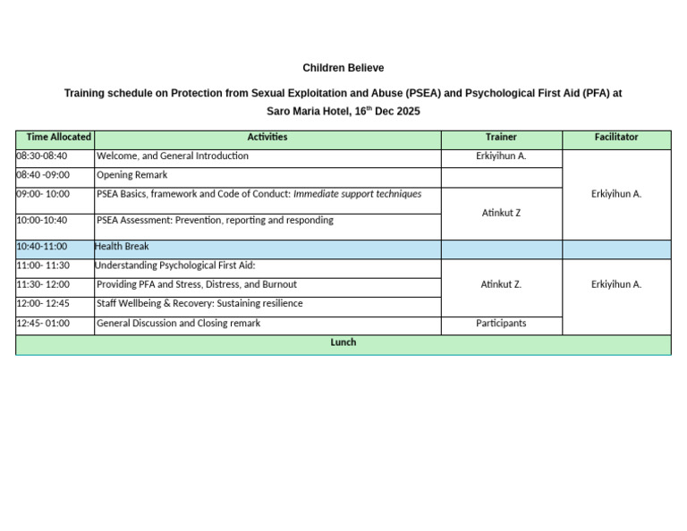 PSEA and PFA Training Schedule 2025 | PDF
