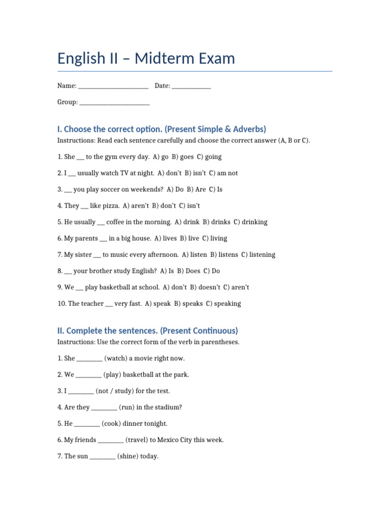 English II Midterm Exam Guide | PDF | Clothing