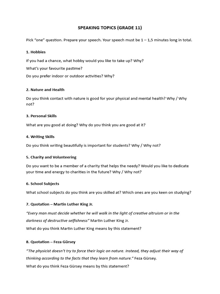 Grade 11 Speech Topics Guide | PDF