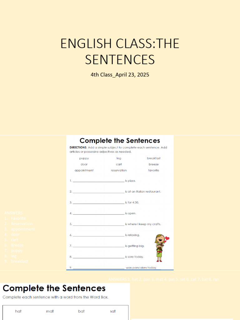 4th Grade English Class Sentence Answers | PDF