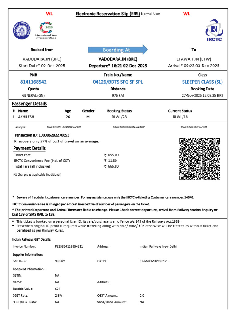 IRCTC E-Ticket Reservation Details | PDF | Identity Document | Payments