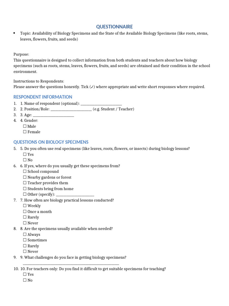 Corrected Final Questionnaire Biology Specimens OnePage 2 | PDF