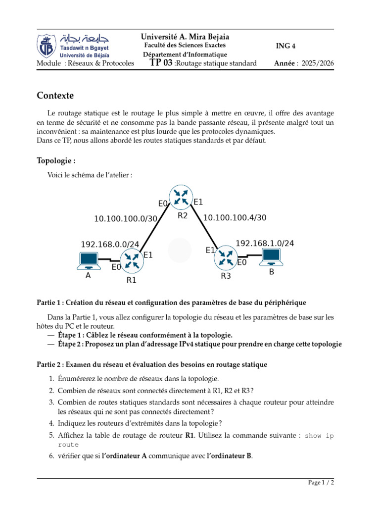 TP Routage Statique en Réseaux IP | PDF | Adresse IP | Routage