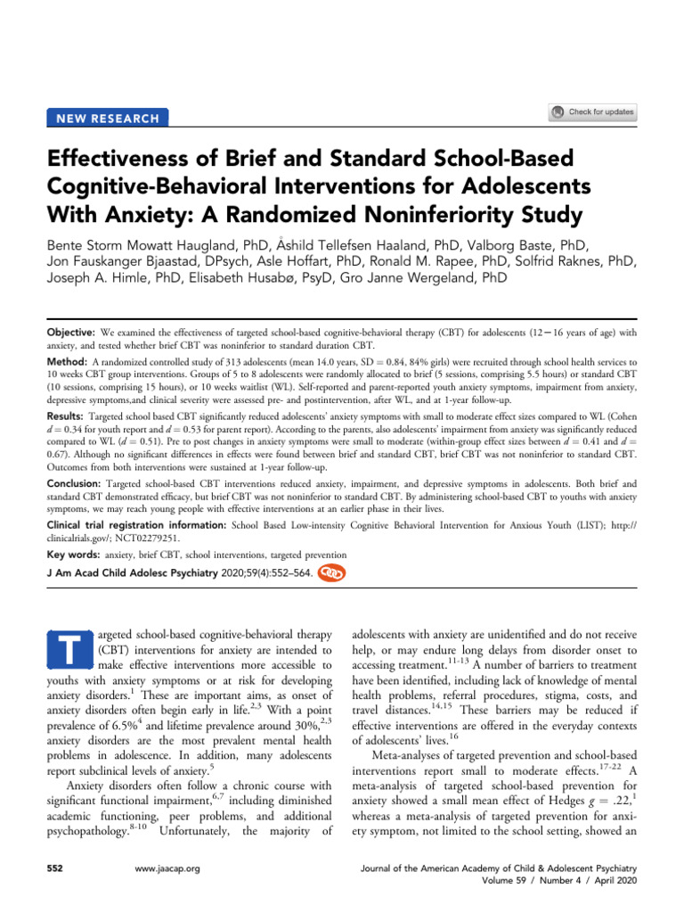 School-Based CBT for Youth Anxiety Study | PDF | Cognitive Behavioral ...