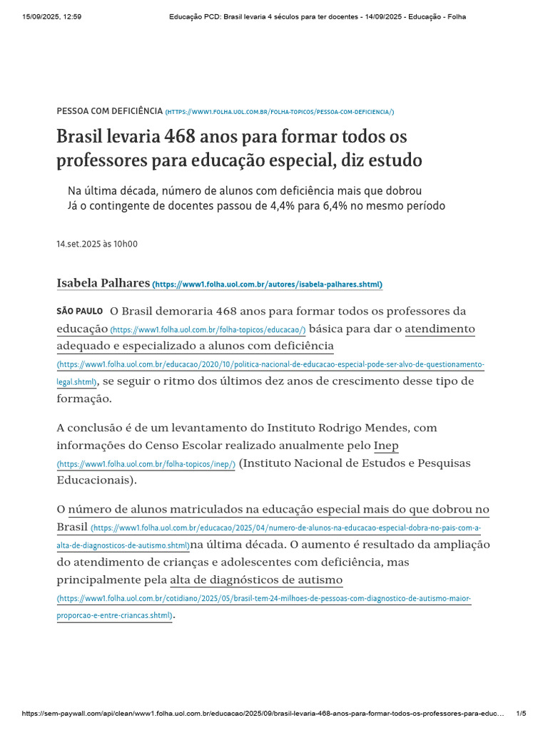 Educação PCD - Brasil Levaria 4 Séculos para Ter Docentes - 14-09-2025 ...