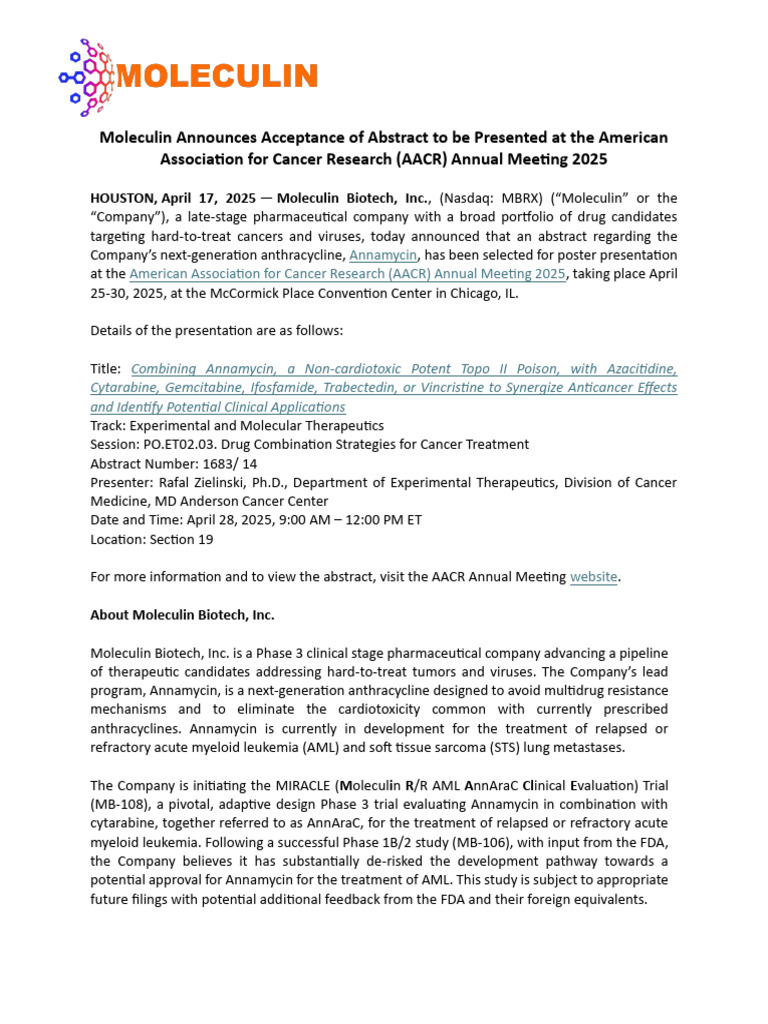 MBRX Abstract at AACR 04172025 | PDF | Cancer | Clinical Medicine