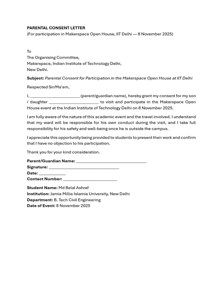 Parental Consent for IIT Delhi Event | PDF