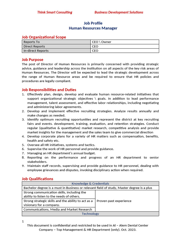 Human Resources Manager Job Profile | PDF | Human Resource Management ...
