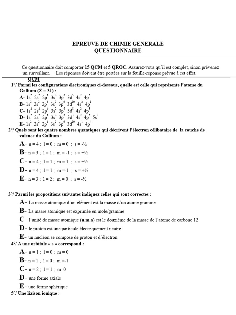 Questionnaire de Chimie Générale QCM et QROC | PDF