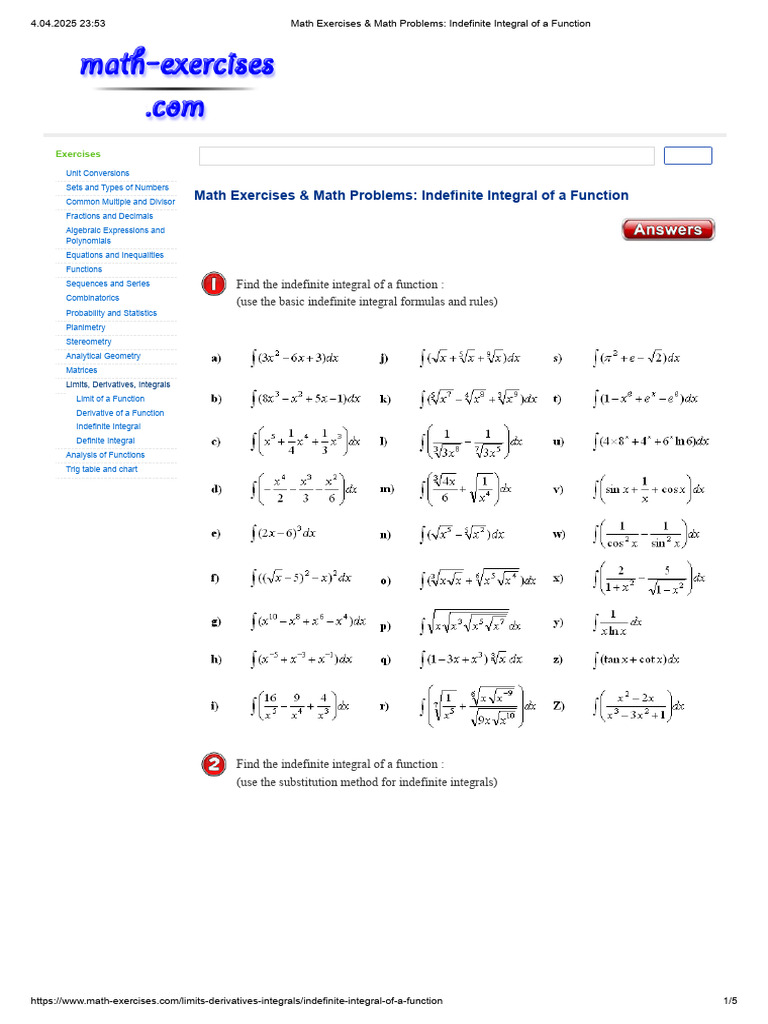 Indefinite Integral Exercises Guide | PDF | Mathematics | Integral