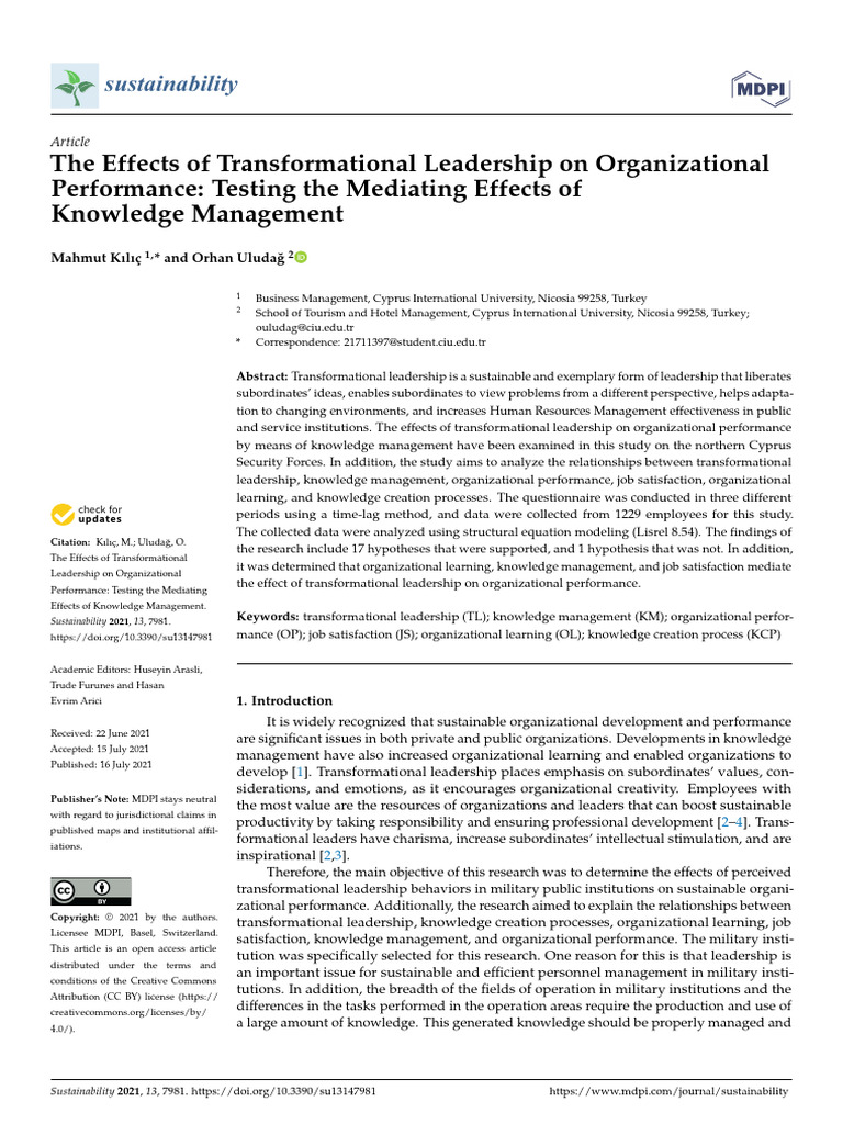 The Effects of Transformational Leadership on Organizational ...