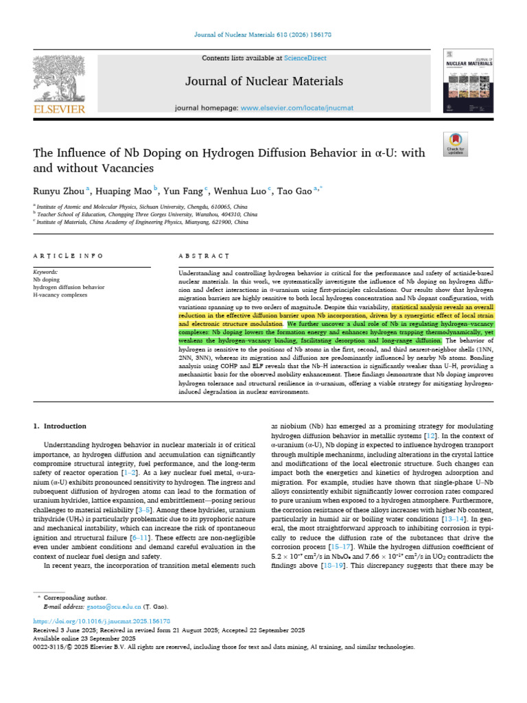 Nb Doping Effects on Hydrogen Diffusion in α-U | PDF | Chemical Bond ...
