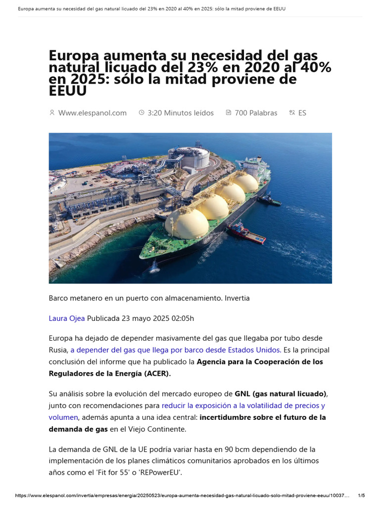 Europa aumenta su necesidad del gas natural licuado del 23 en 2025 ...