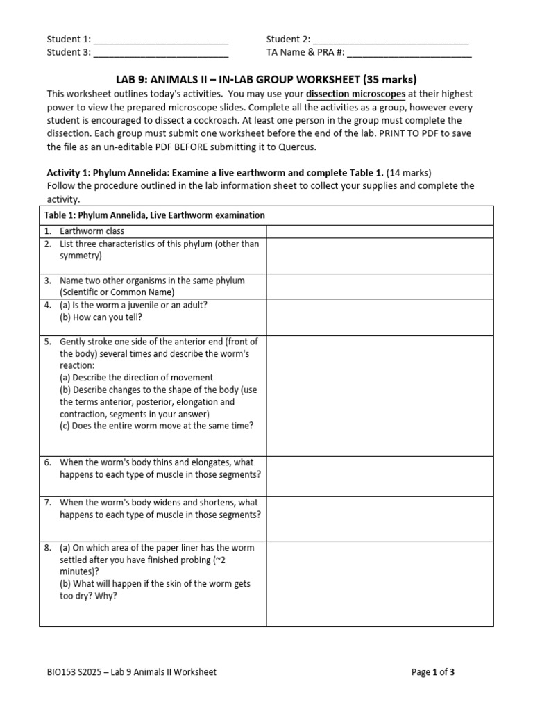 BIO153+S2025+Lab+9+Animals+II+Student+Worksheet Fillable | PDF | Zoology